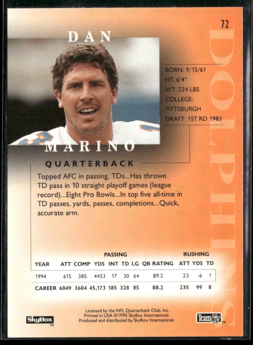 Dan Marino Player Lot Bundle 10 Football Cards DM009 Dolphins back