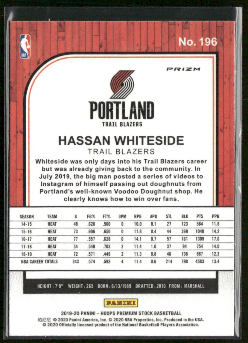 Hassan Whiteside 2019-20 Hoops Premium Stock Prizms Silver #196 Trail Blazers back