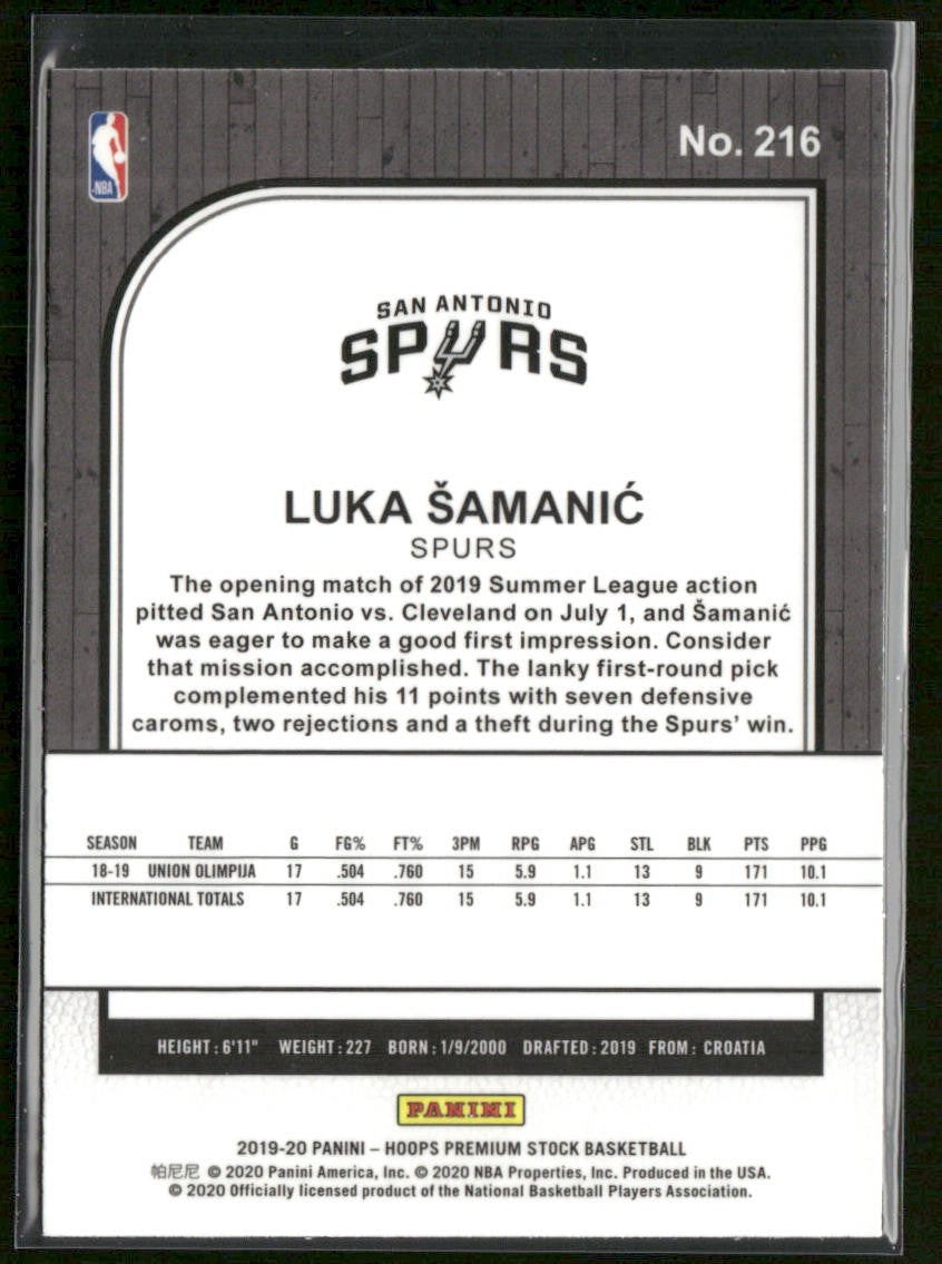 Luka Samanic 2019-20 Hoops Premium Stock Prizms Flash #216 RC San Antonio Spurs back
