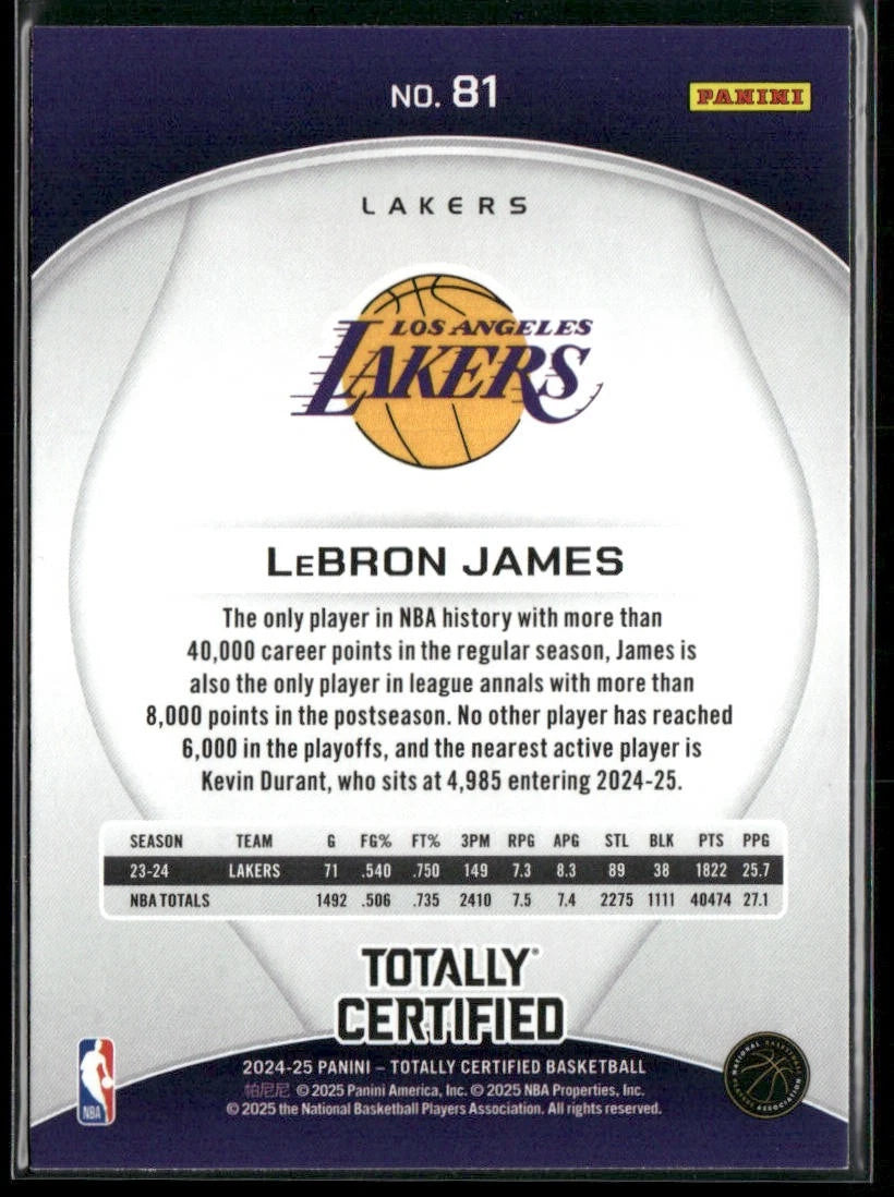 LeBron James 2024-25 Panini Totally Certified #81 Los Angeles Lakers back