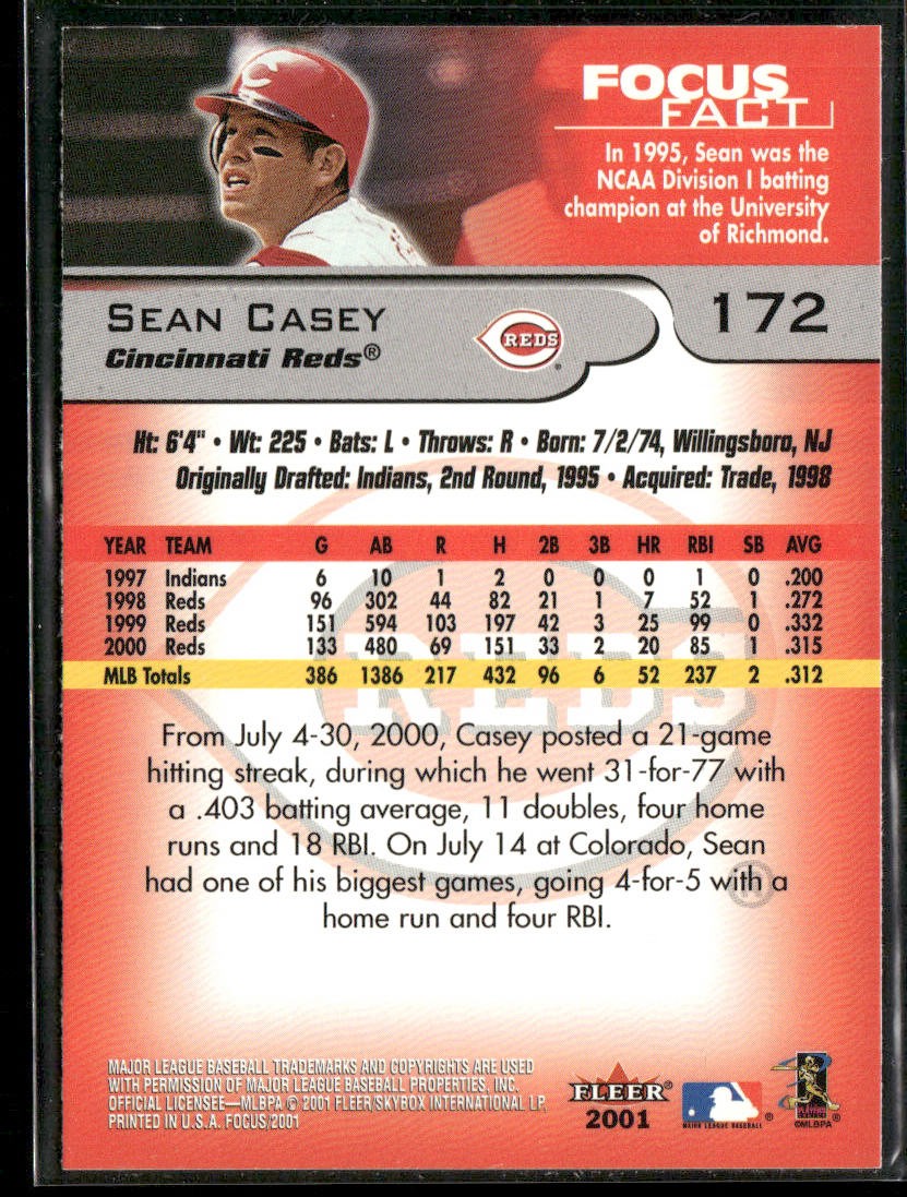 Sean Casey 2001 Fleer Focus #172 Cincinnati Reds back