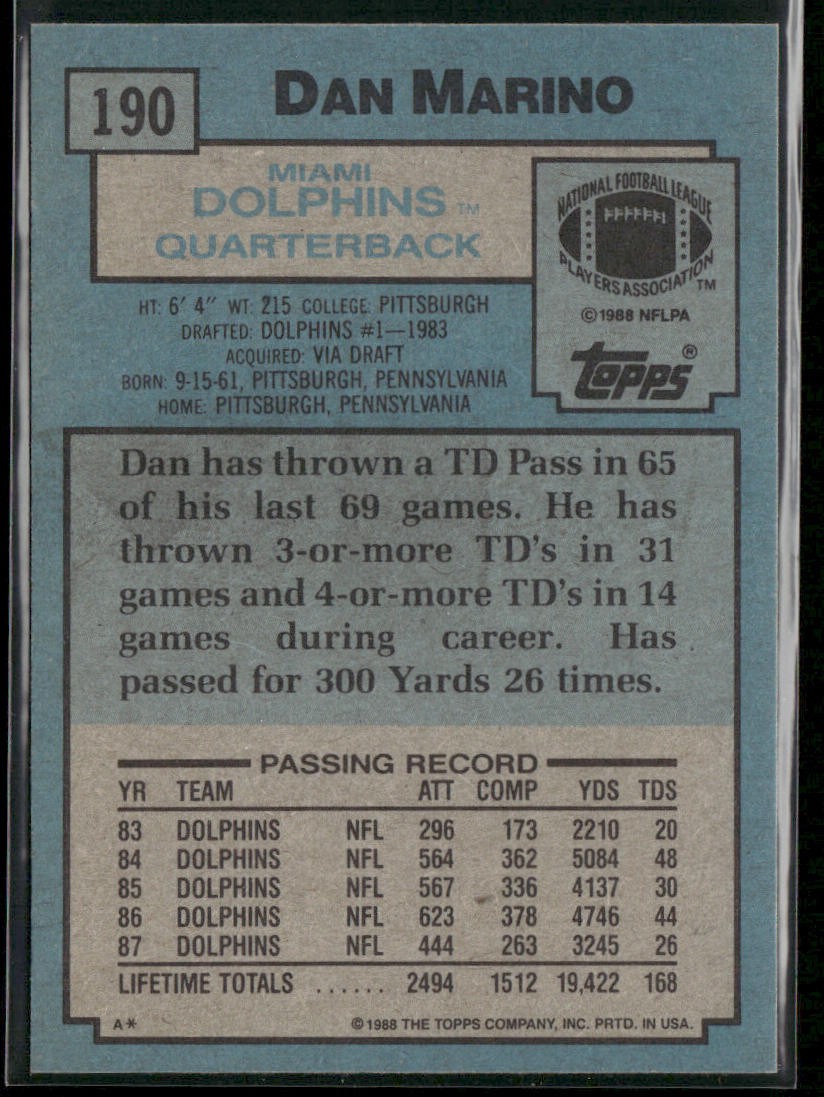 Dan Marino 1988 Topps #190 Miami Dolphins back