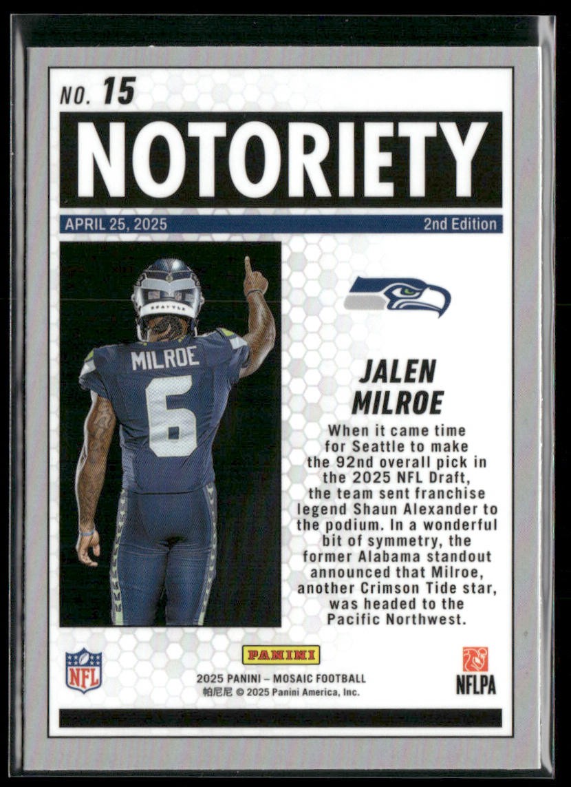 Jalen Milroe 2025 Panini Mosaic Notoriety #15 Seattle Seahawks back