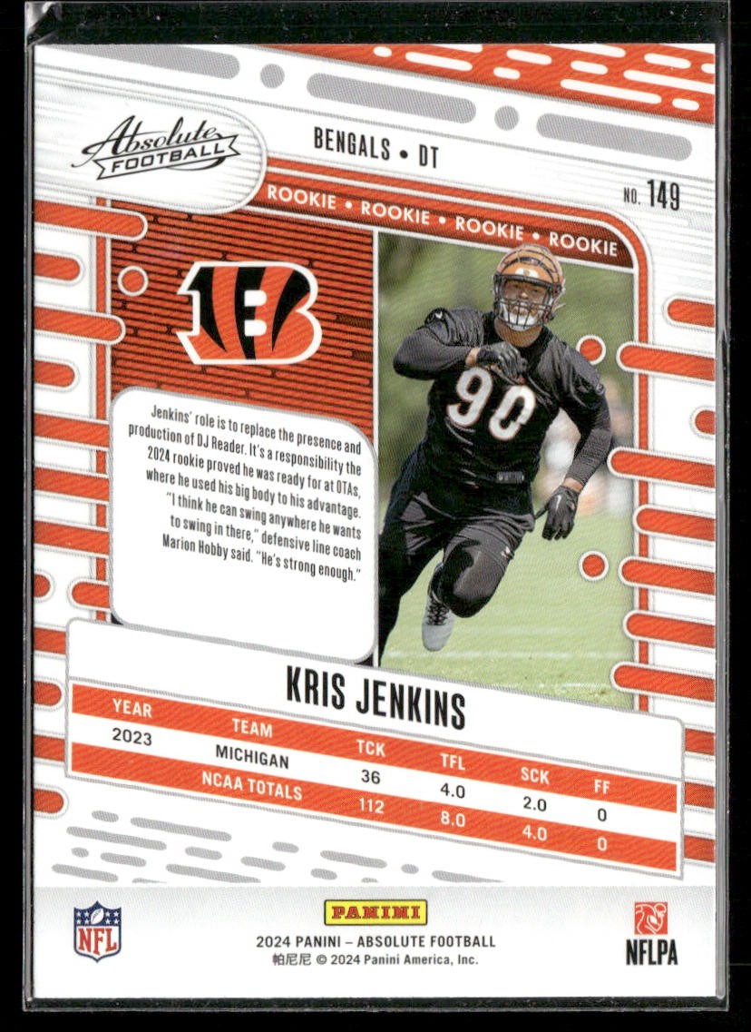 Kris Jenkins 2024 Panini Absolute Retail #149 RC Cincinnati Bengals back