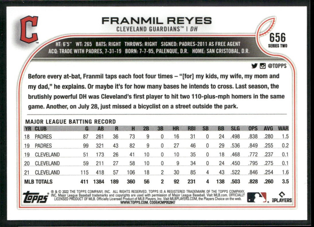 Franmil Reyes 2022 Topps #656 Cleveland Guardians back