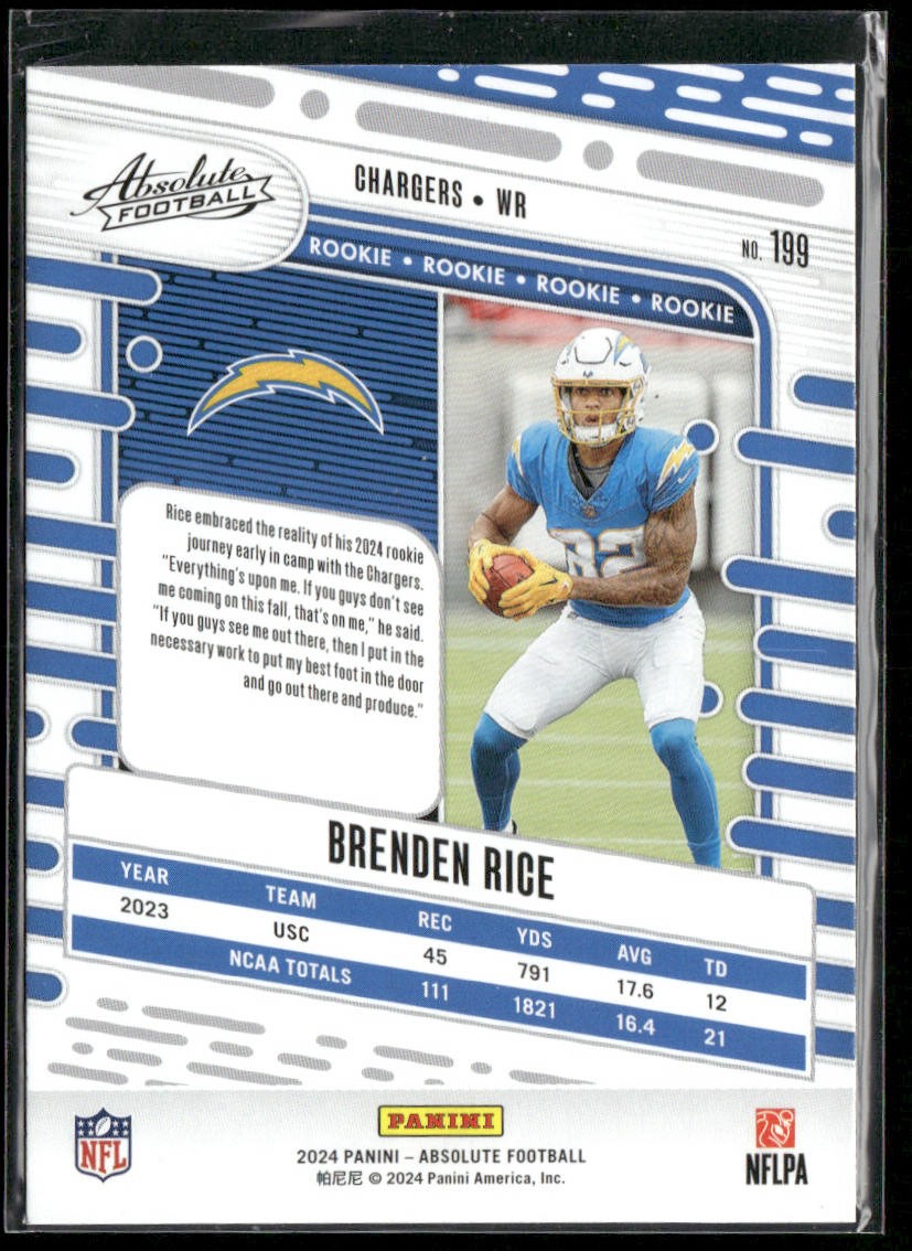 Brenden Rice 2024 Panini Absolute Retail #199 RC Los Angeles Chargers back