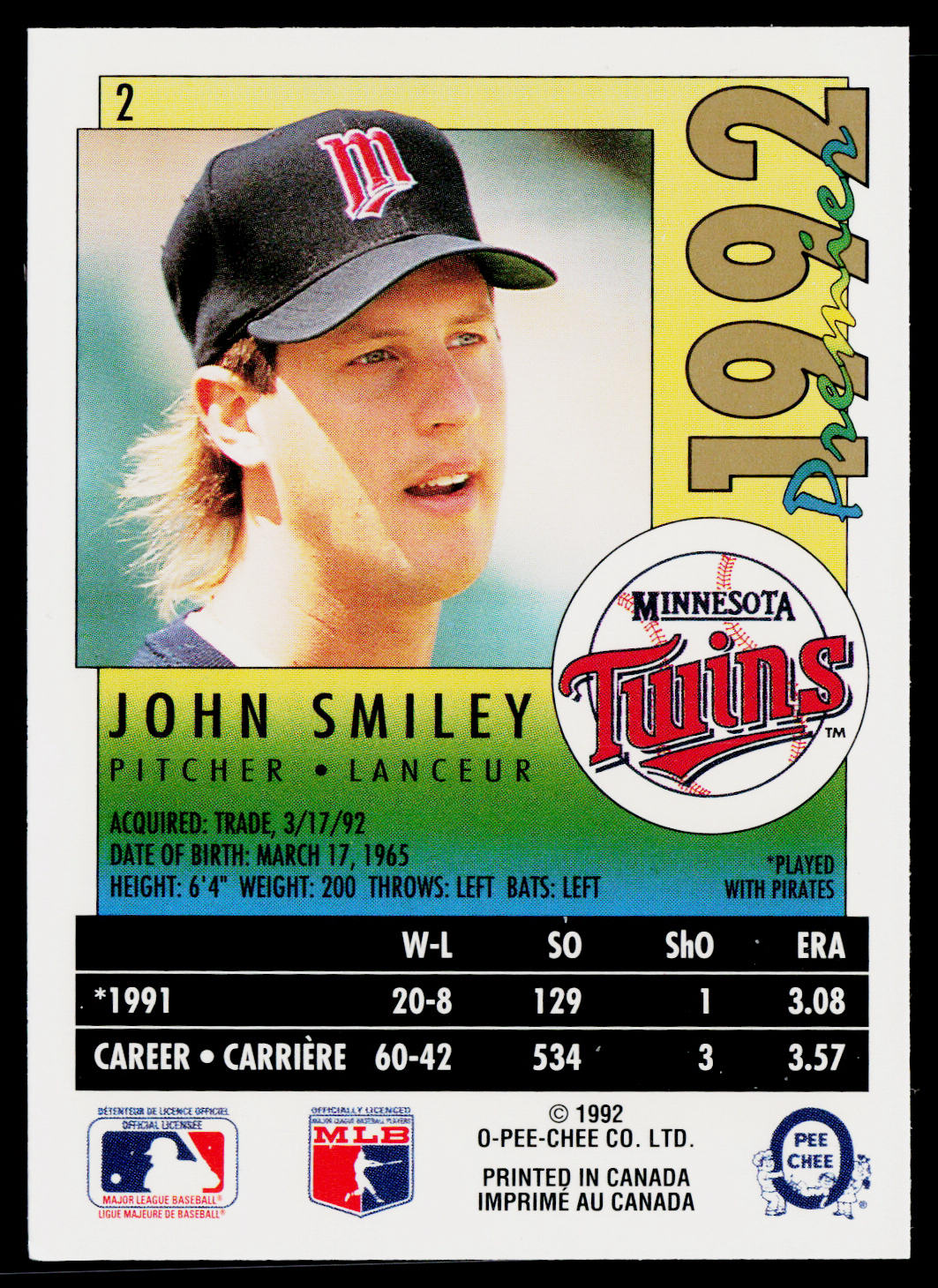 John Smiley 1992 O-Pee-Chee Premier #2 Minnesota Twins