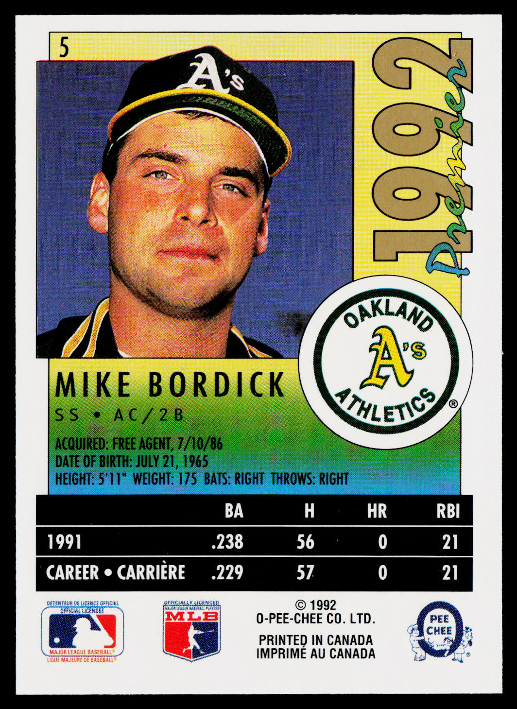 Mike Bordick 1992 O-Pee-Chee Premier #5 Oakland Athletics