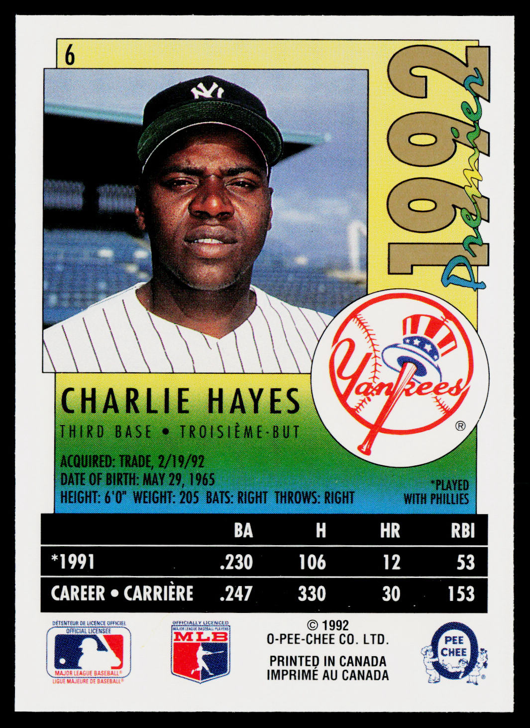 Charlie Hayes 1992 O-Pee-Chee Premier #6 New York Yankees