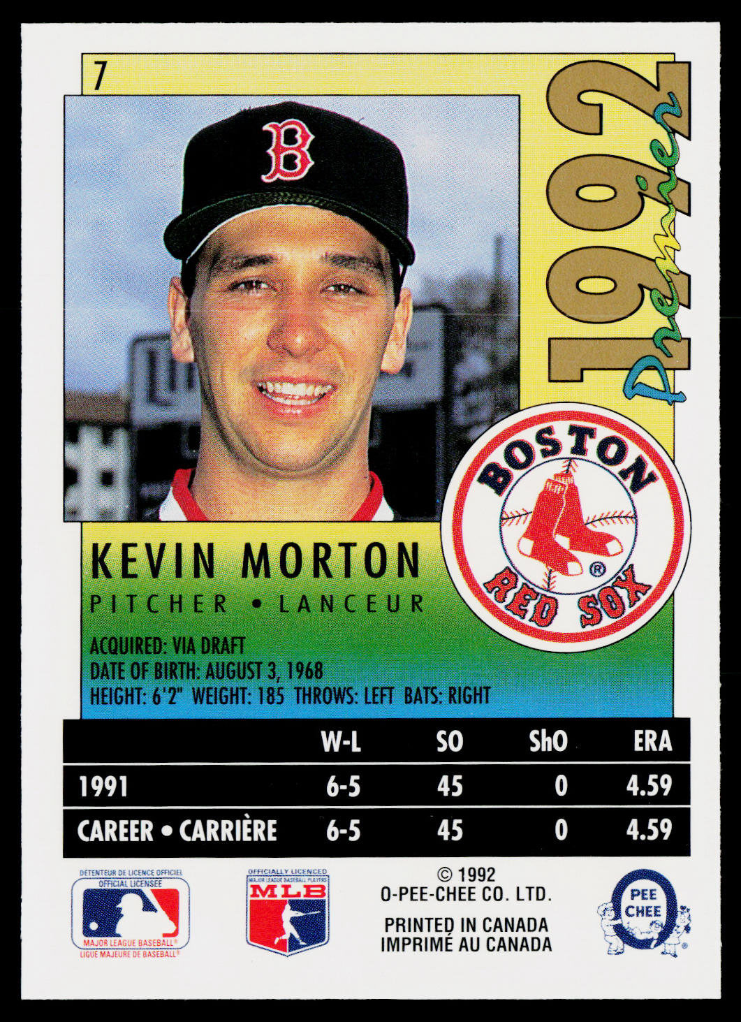 Kevin Morton 1992 O-Pee-Chee Premier #7 Boston Red Sox