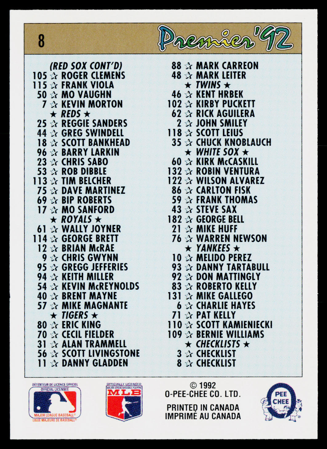 Checklist 100-198 1992 O-Pee-Chee Premier #8