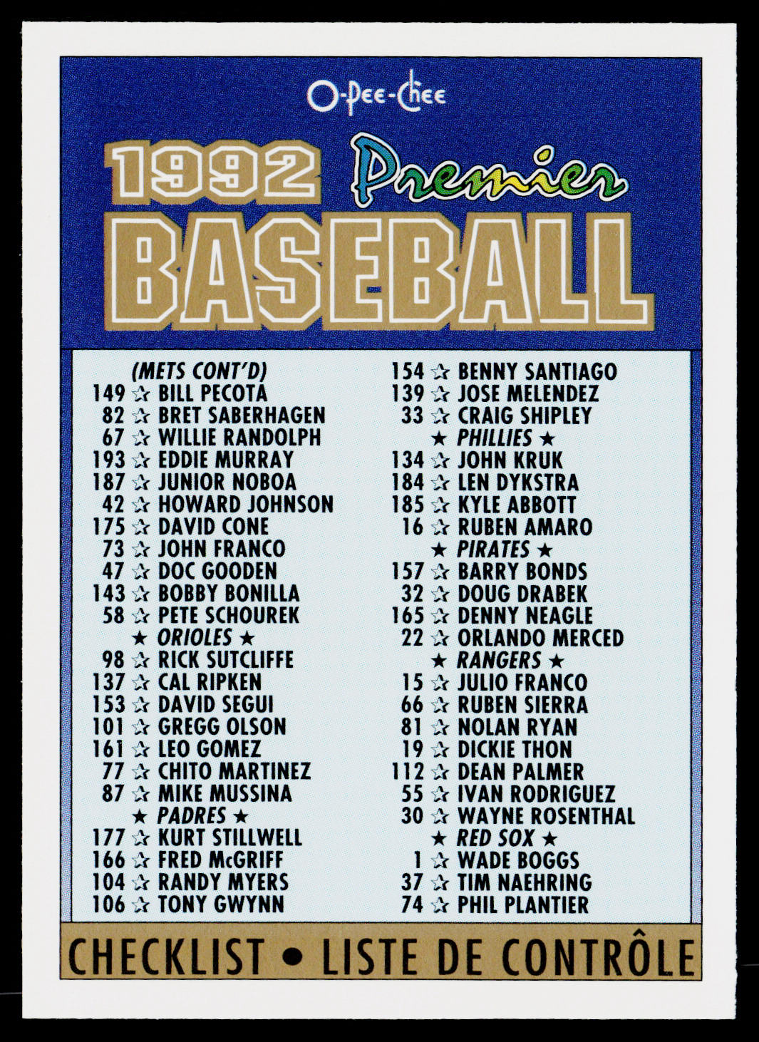 Checklist 100-198 1992 O-Pee-Chee Premier #8
