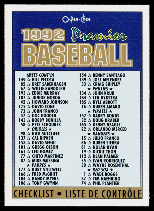 Checklist 100-198 1992 O-Pee-Chee Premier #8