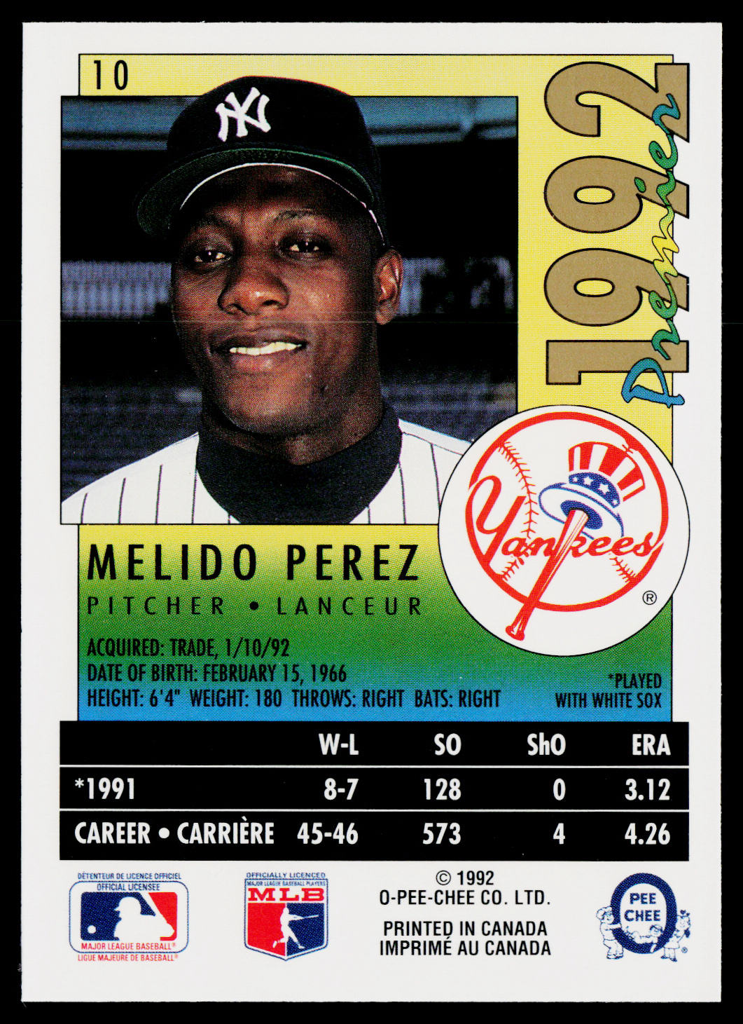 Melido Perez 1992 O-Pee-Chee Premier #10 New York Yankees