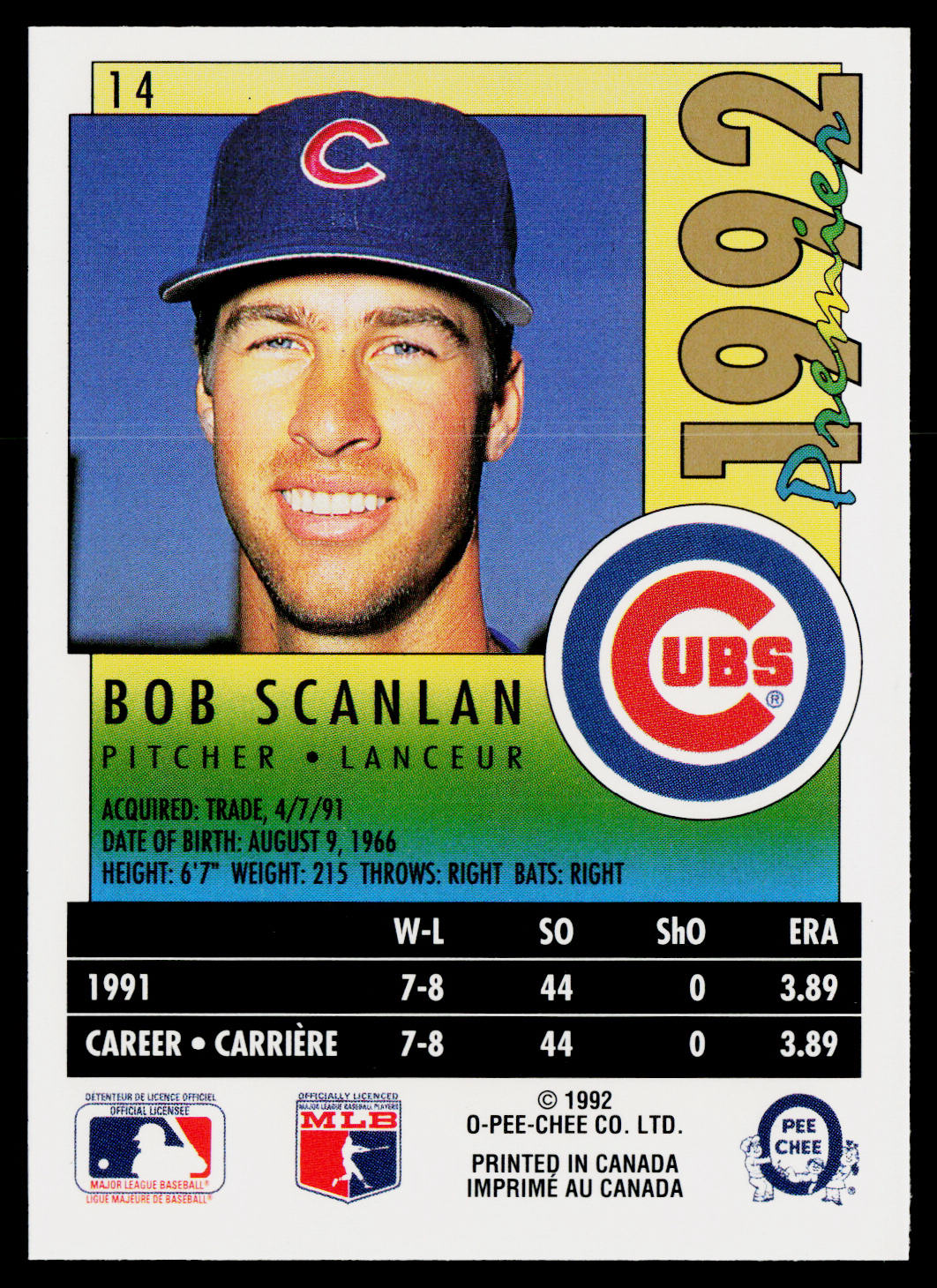 Bob Scanlan 1992 O-Pee-Chee Premier #14 Chicago Cubs