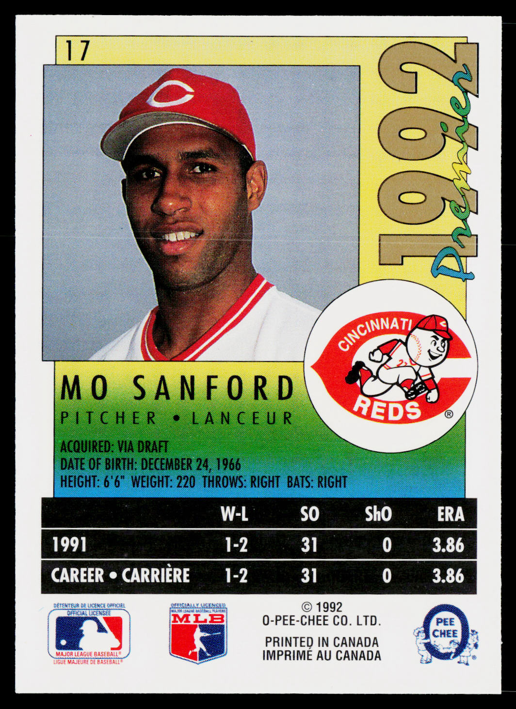Mo Sanford 1992 O-Pee-Chee Premier #17 RC Cincinnati Reds