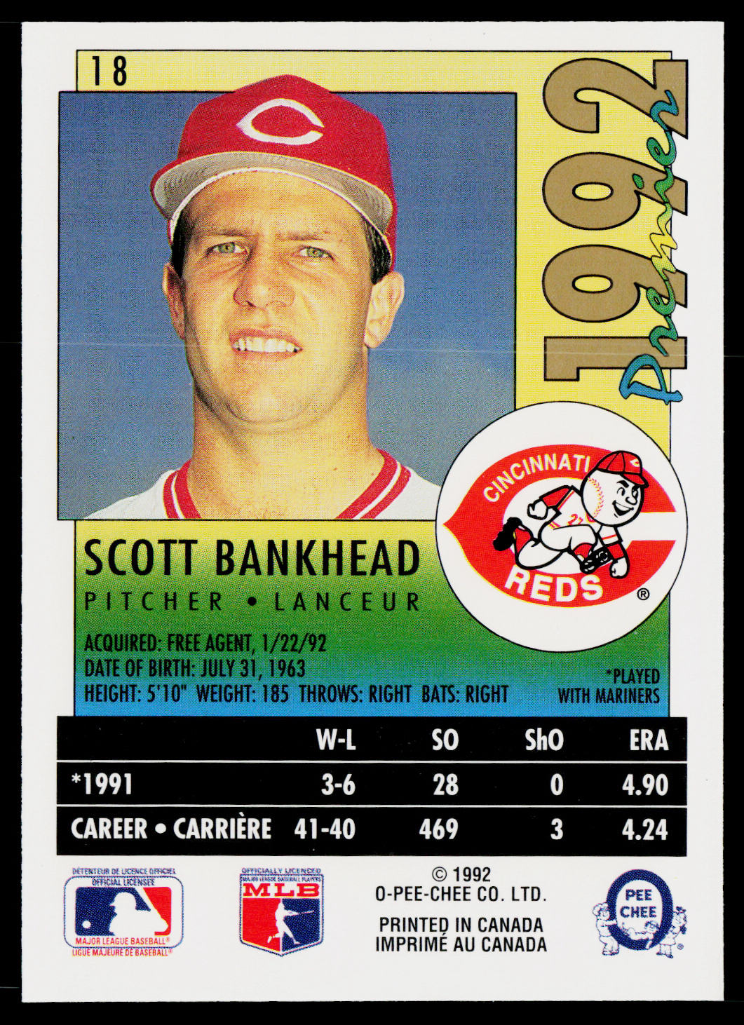 Scott Bankhead 1992 O-Pee-Chee Premier #18 Cincinnati Reds
