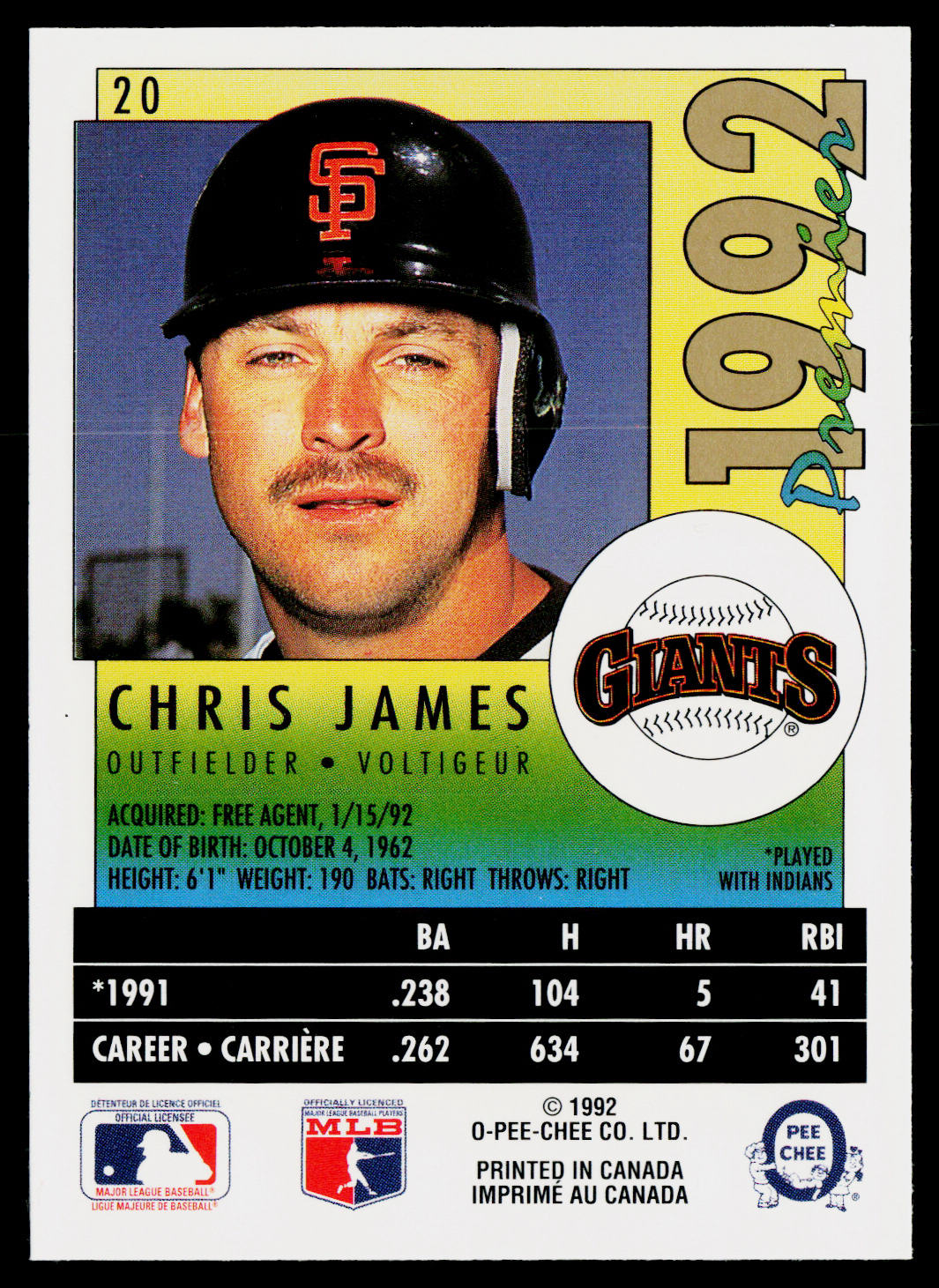 Chris James 1992 O-Pee-Chee Premier #20 San Francisco Giants
