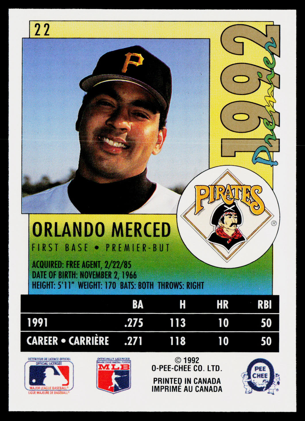 Orlando Merced 1992 O-Pee-Chee Premier #22 Pittsburgh Pirates