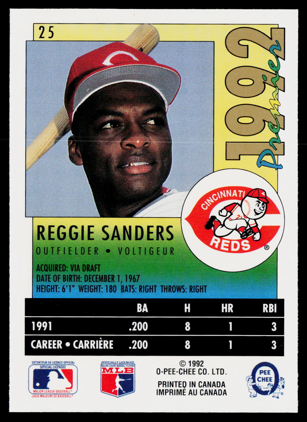 Reggie Sanders 1992 O-Pee-Chee Premier #25 Cincinnati Reds