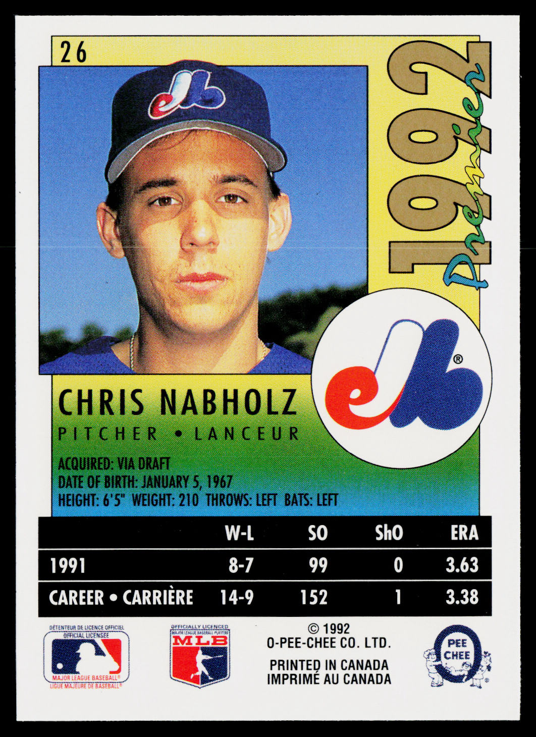 Chris Nabholz 1992 O-Pee-Chee Premier #26 Montreal Expos