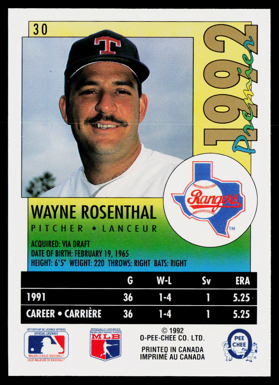 Wayne Rosenthal 1992 O-Pee-Chee Premier #30 Texas Rangers