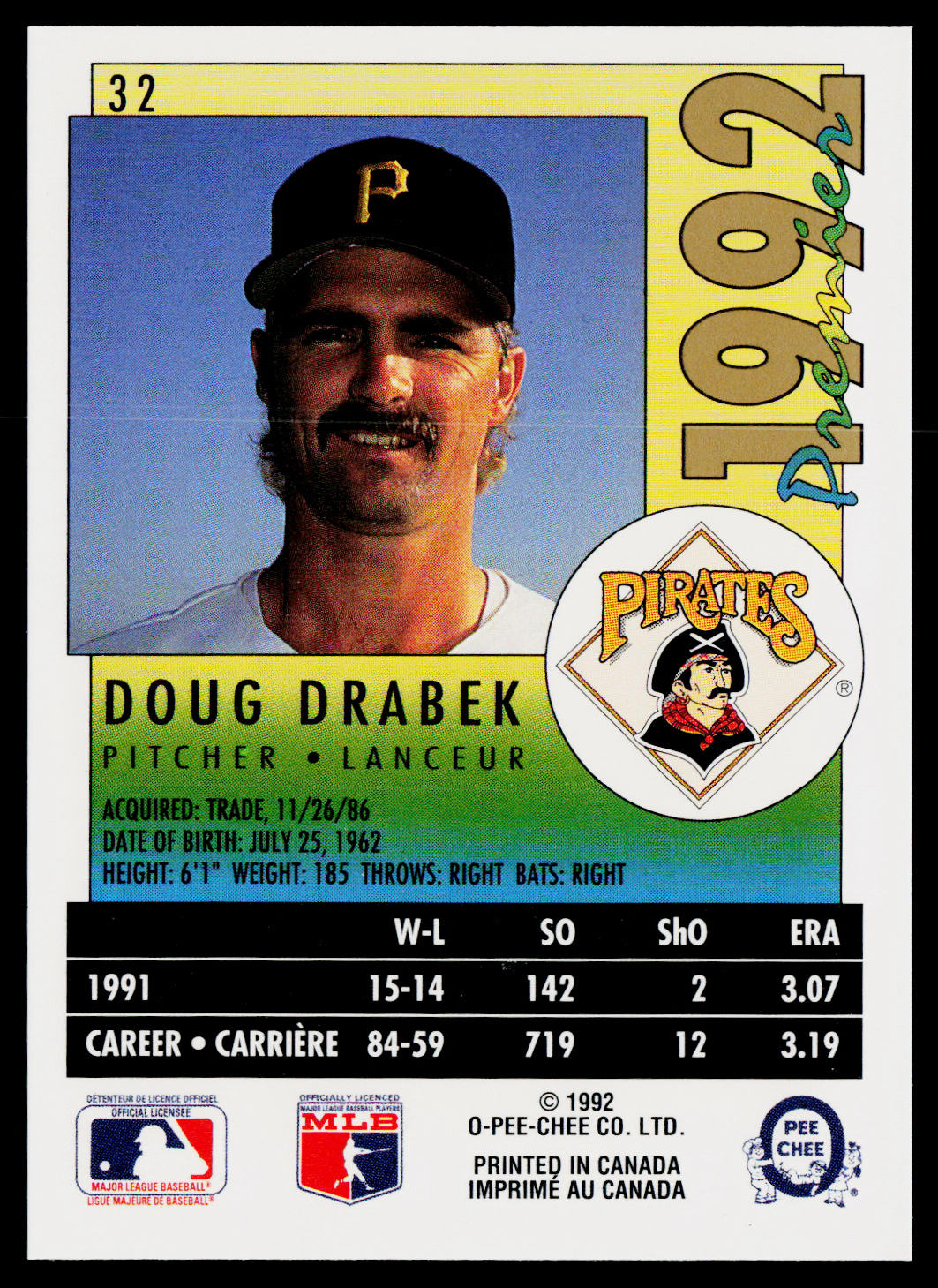 Doug Drabek 1992 O-Pee-Chee Premier #32 Pittsburgh Pirates