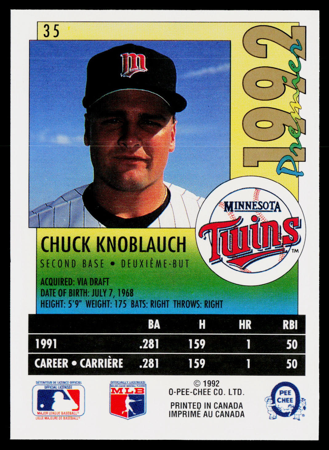 Chuck Knoblauch 1992 O-Pee-Chee Premier #35 Minnesota Twins