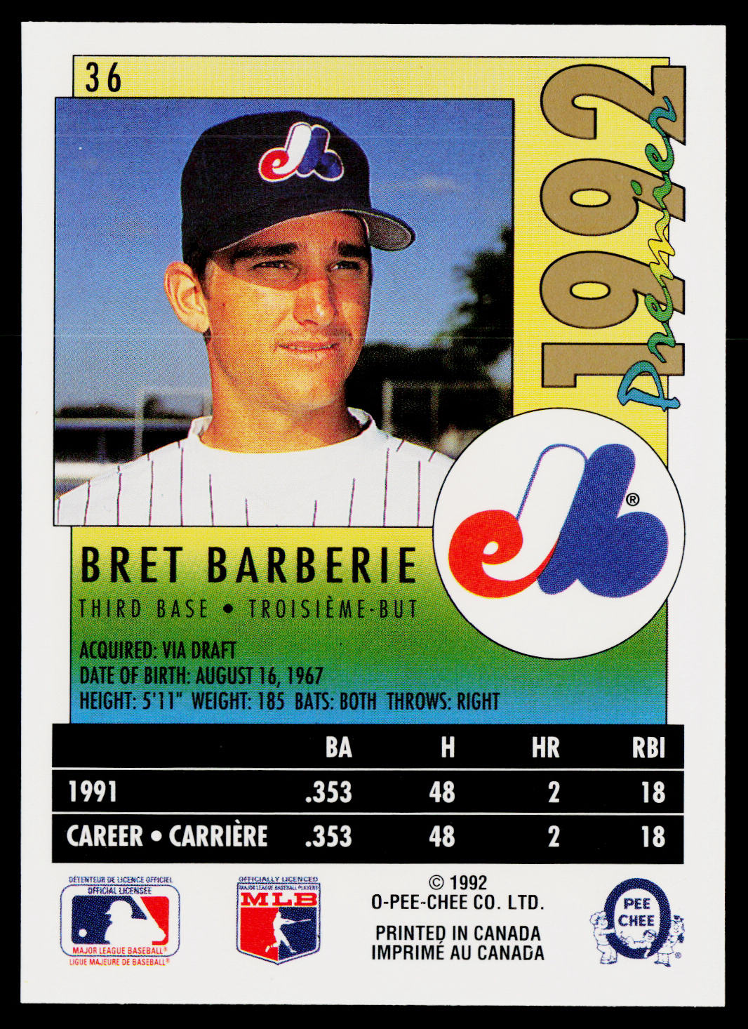 Bret Barberie 1992 O-Pee-Chee Premier #36 Montreal Expos