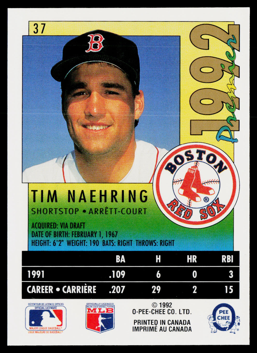 Tim Naehring 1992 O-Pee-Chee Premier #37 Boston Red Sox