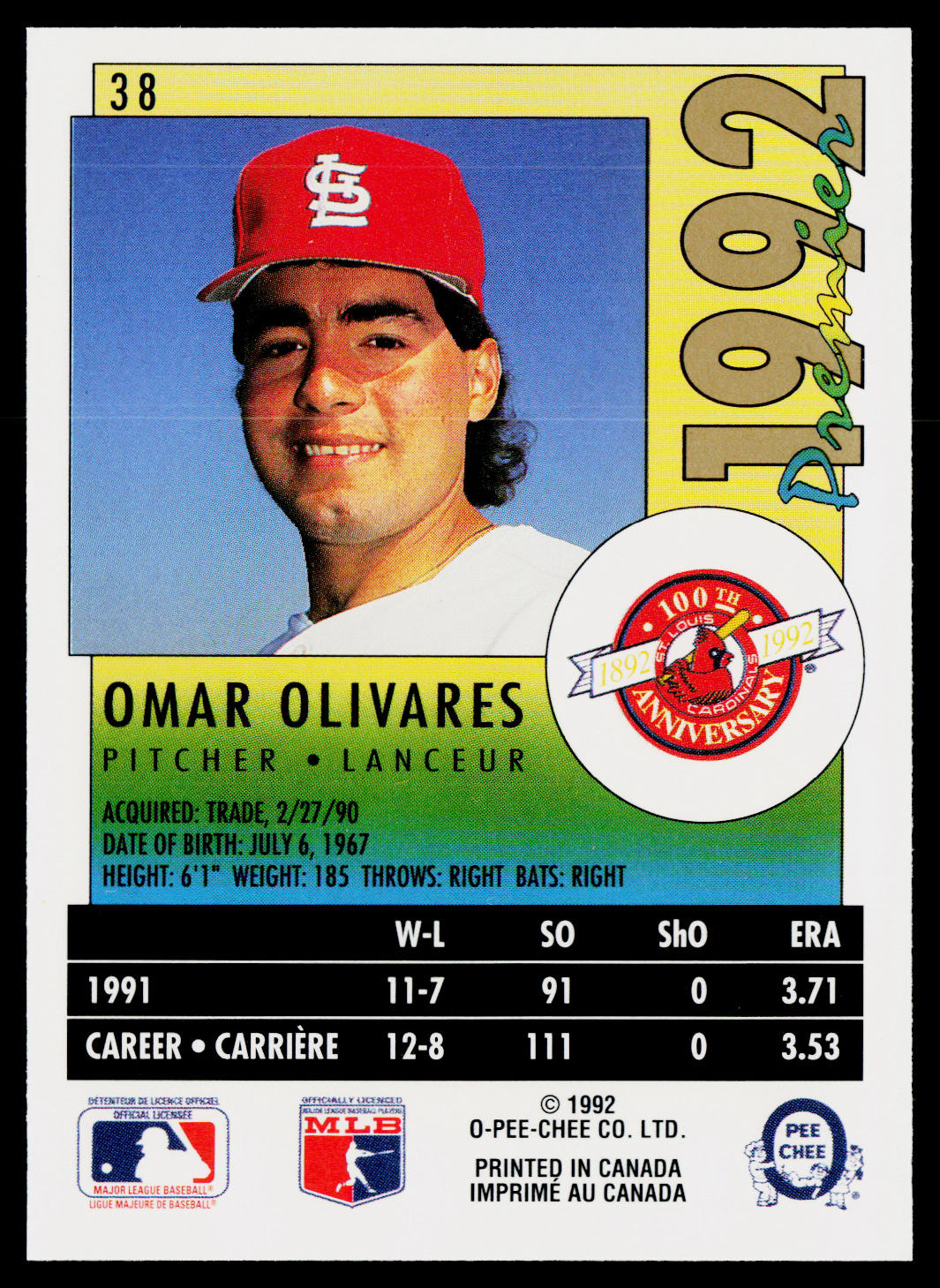 Omar Olivares 1992 O-Pee-Chee Premier #38 St. Louis Cardinals