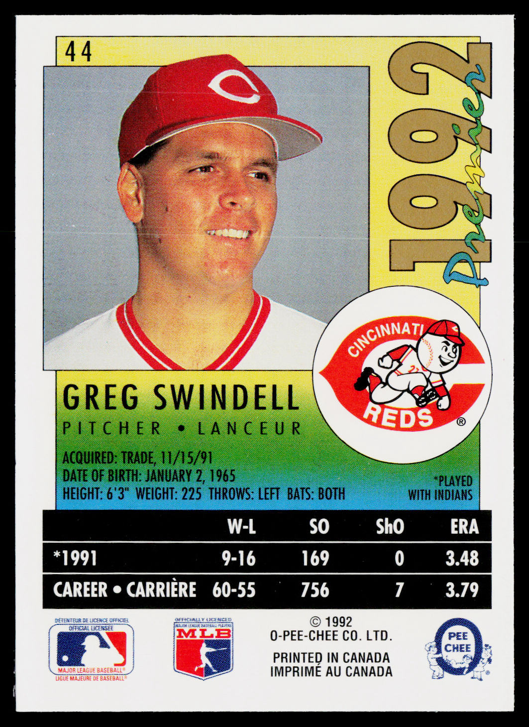 Greg Swindell 1992 O-Pee-Chee Premier #44 Cincinnati Reds