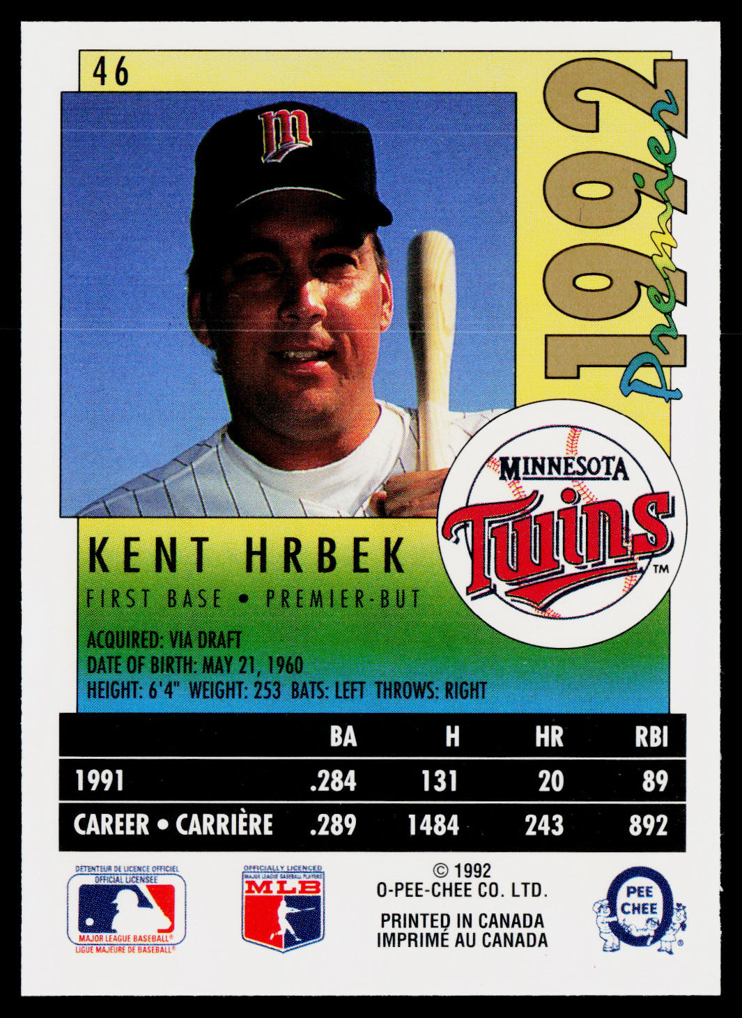 Kent Hrbek 1992 O-Pee-Chee Premier #46 Minnesota Twins