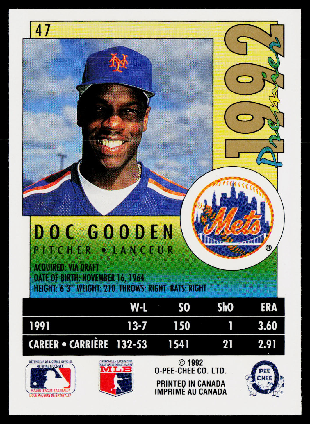 Doc Gooden 1992 O-Pee-Chee Premier #47 New York Mets