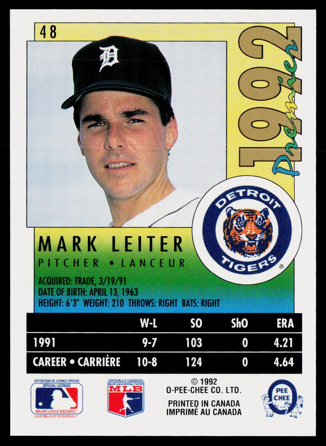 Mark Leiter 1992 O-Pee-Chee Premier #48 Detroit Tigers