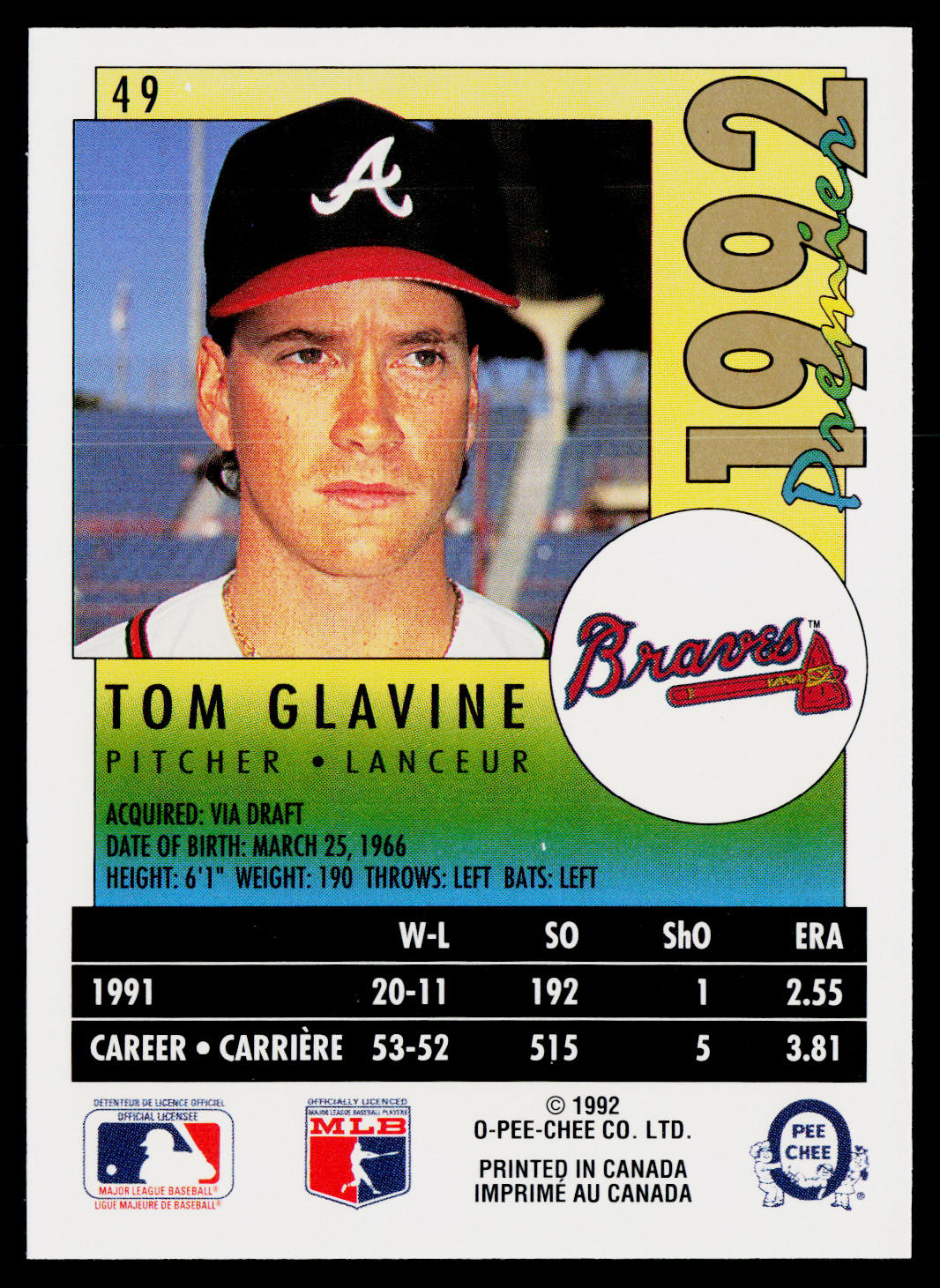Tom Glavine 1992 O-Pee-Chee Premier #49 Atlanta Braves