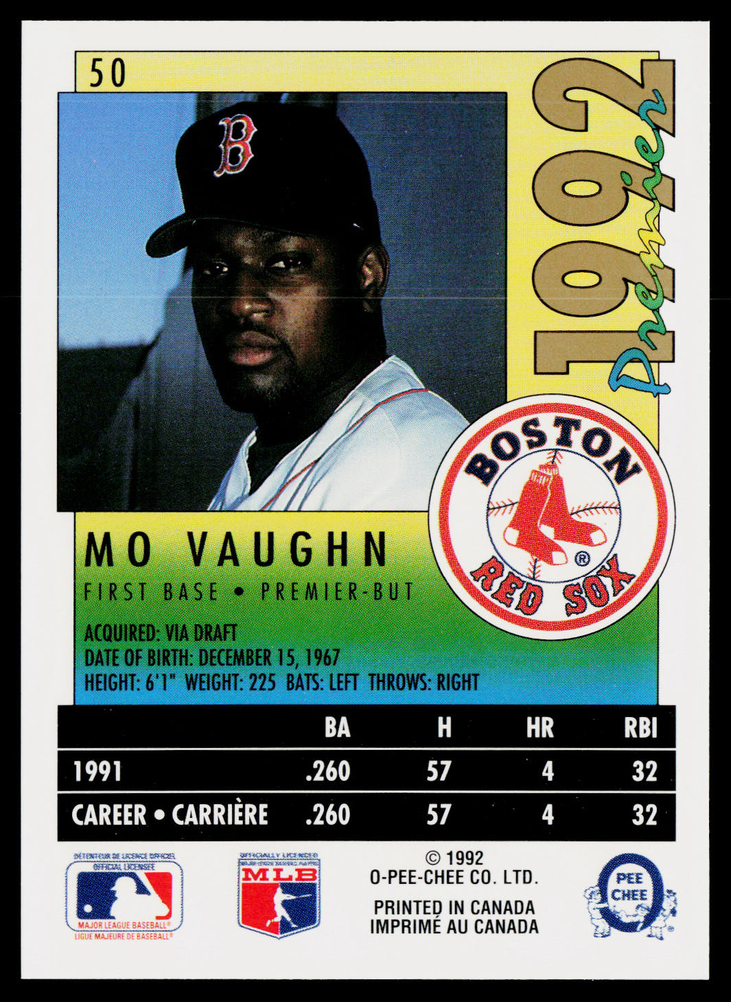 Mo Vaughn 1992 O-Pee-Chee Premier #50 Boston Red Sox