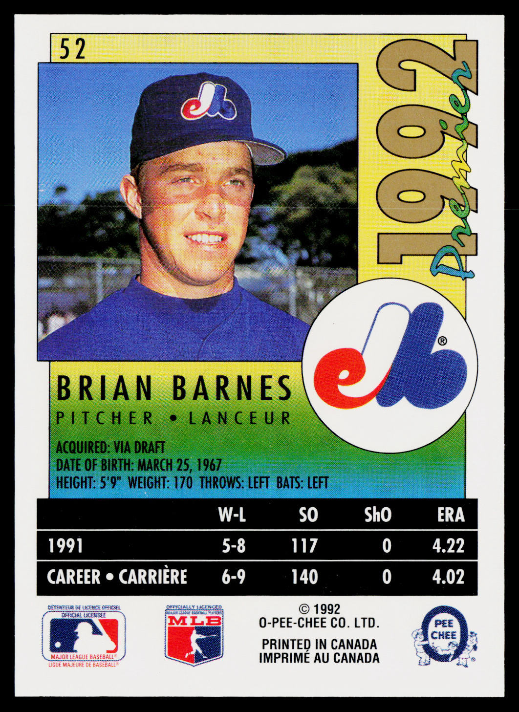 Brian Barnes 1992 O-Pee-Chee Premier #52 Montreal Expos