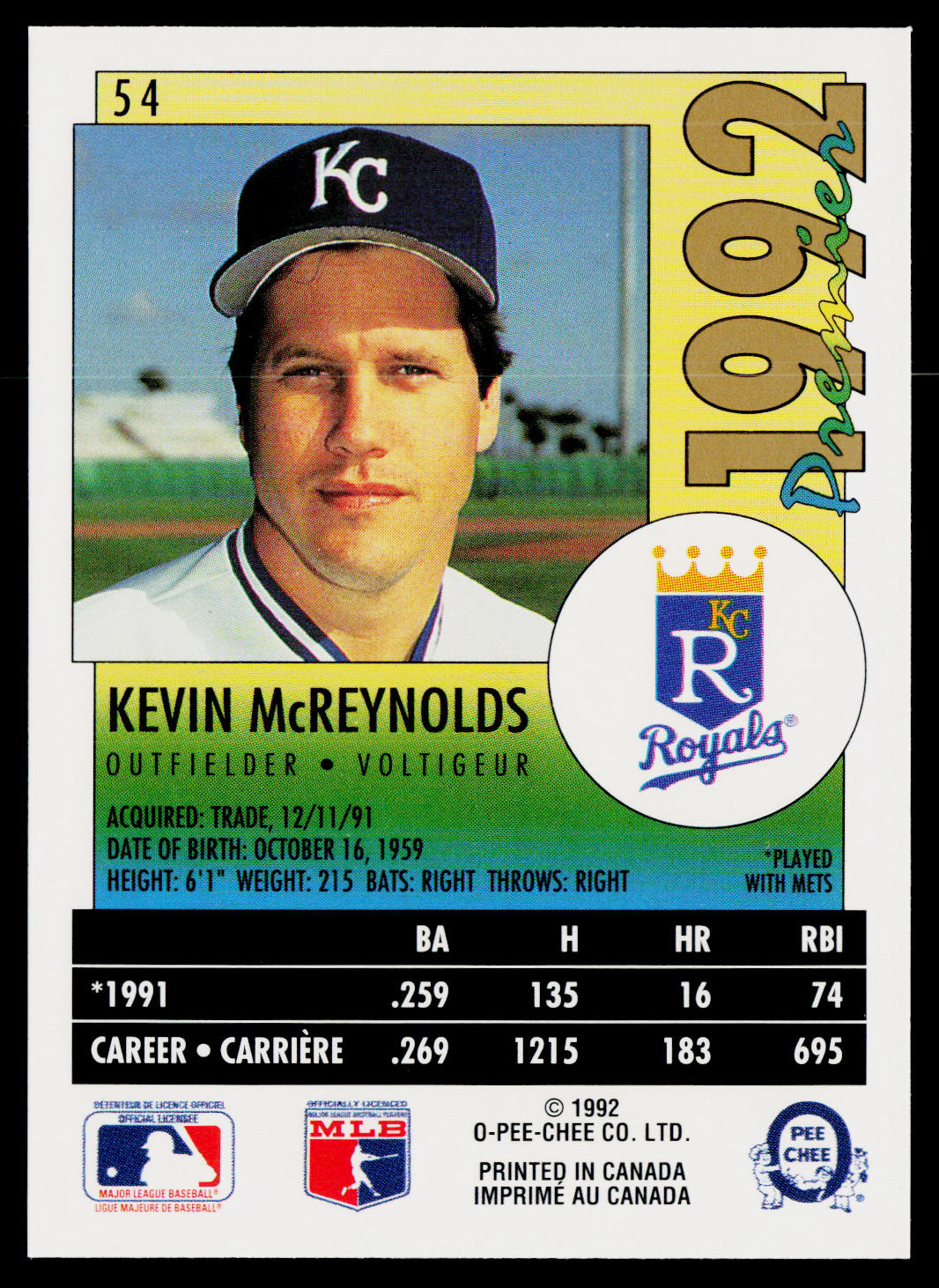Kevin McReynolds 1992 O-Pee-Chee Premier #54 Kansas City Royals