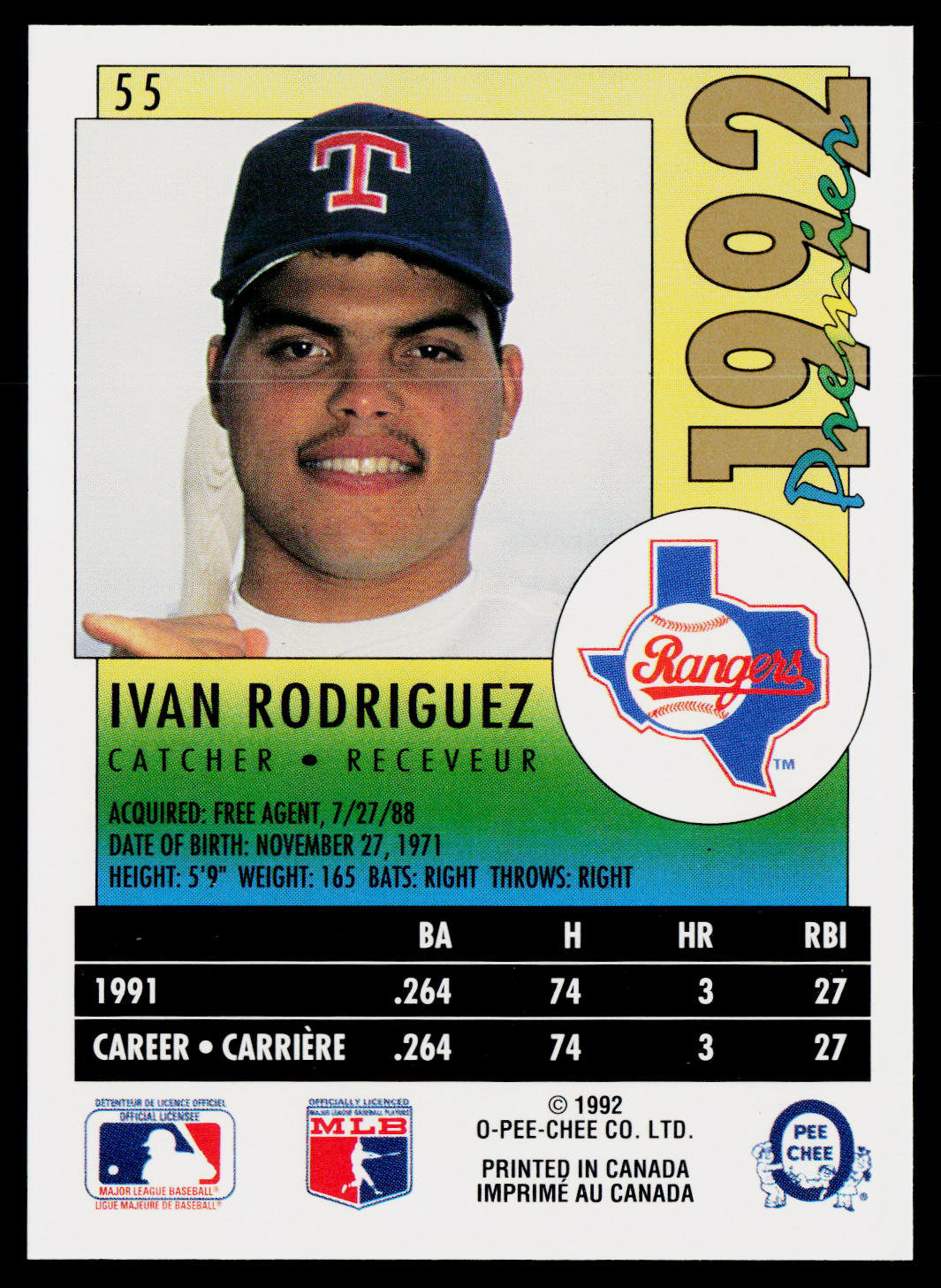 Ivan Rodriguez 1992 O-Pee-Chee Premier #55 Texas Rangers