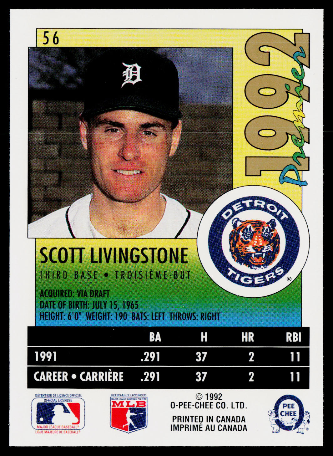 Scott Livingstone 1992 O-Pee-Chee Premier #56 Detroit Tigers
