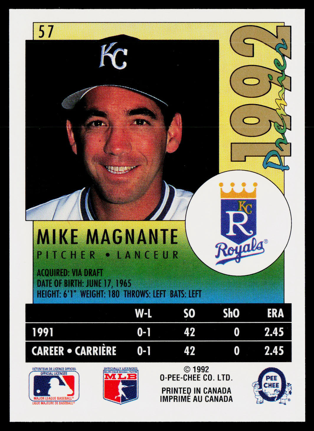 Mike Magnante 1992 O-Pee-Chee Premier #57 Kansas City Royals