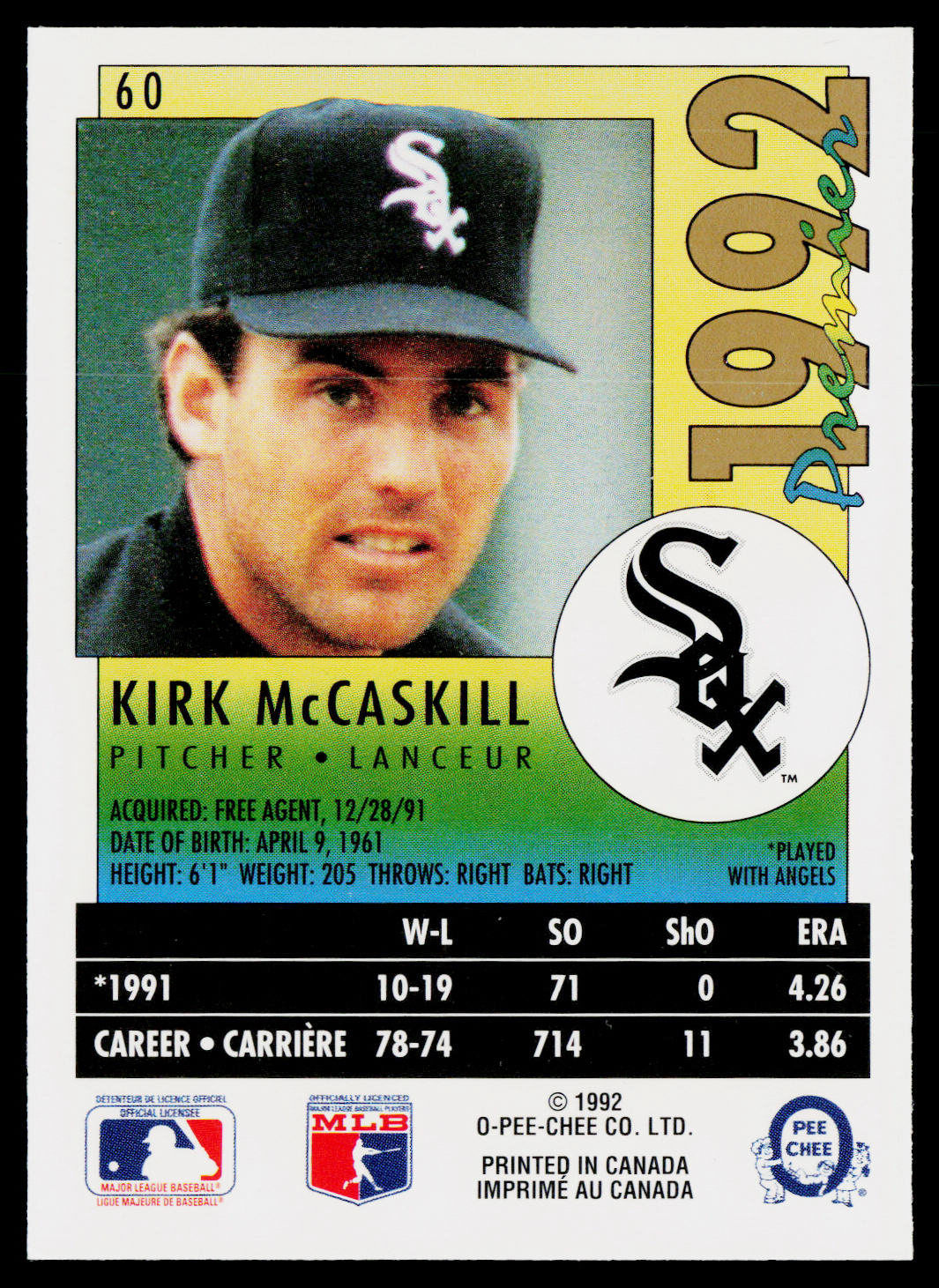 Kirk McCaskill 1992 O-Pee-Chee Premier #60 Chicago White Sox