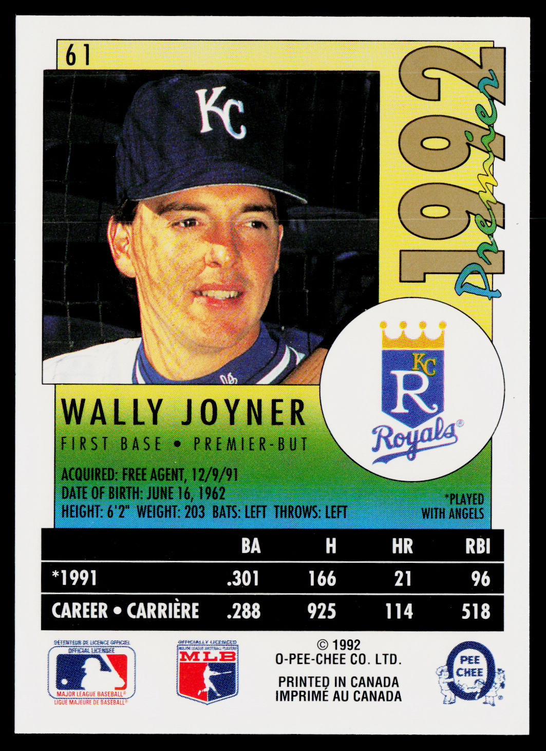 Wally Joyner 1992 O-Pee-Chee Premier #61 Kansas City Royals