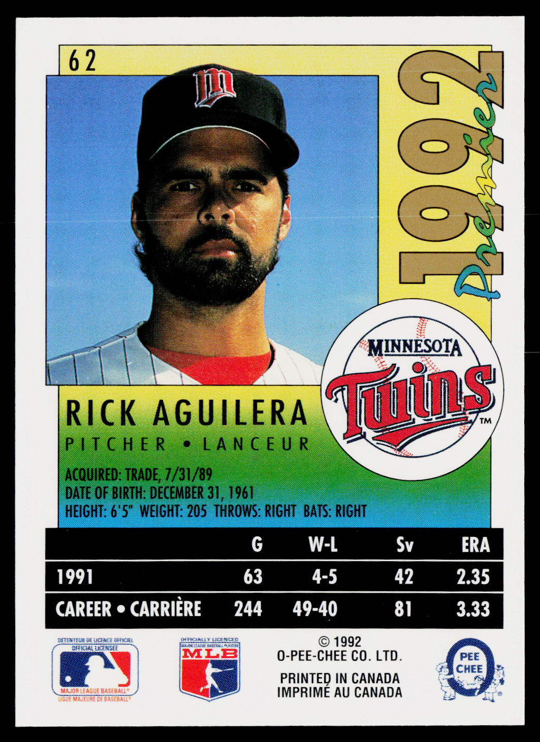 Rick Aguilera 1992 O-Pee-Chee Premier #62 Minnesota Twins