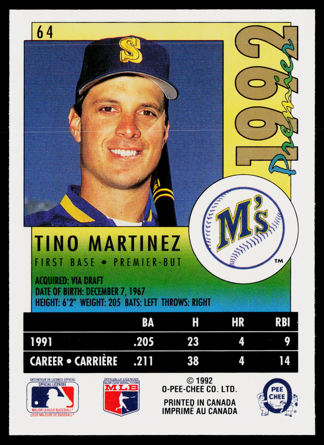 Tino Martinez 1992 O-Pee-Chee Premier #64 Seattle Mariners