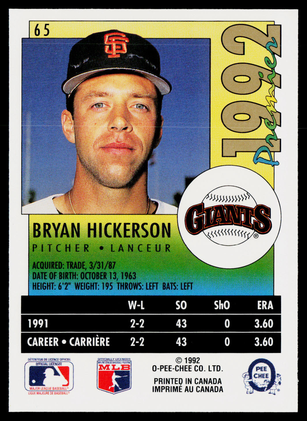 Bryan Hickerson 1992 O-Pee-Chee Premier #65 San Francisco Giants