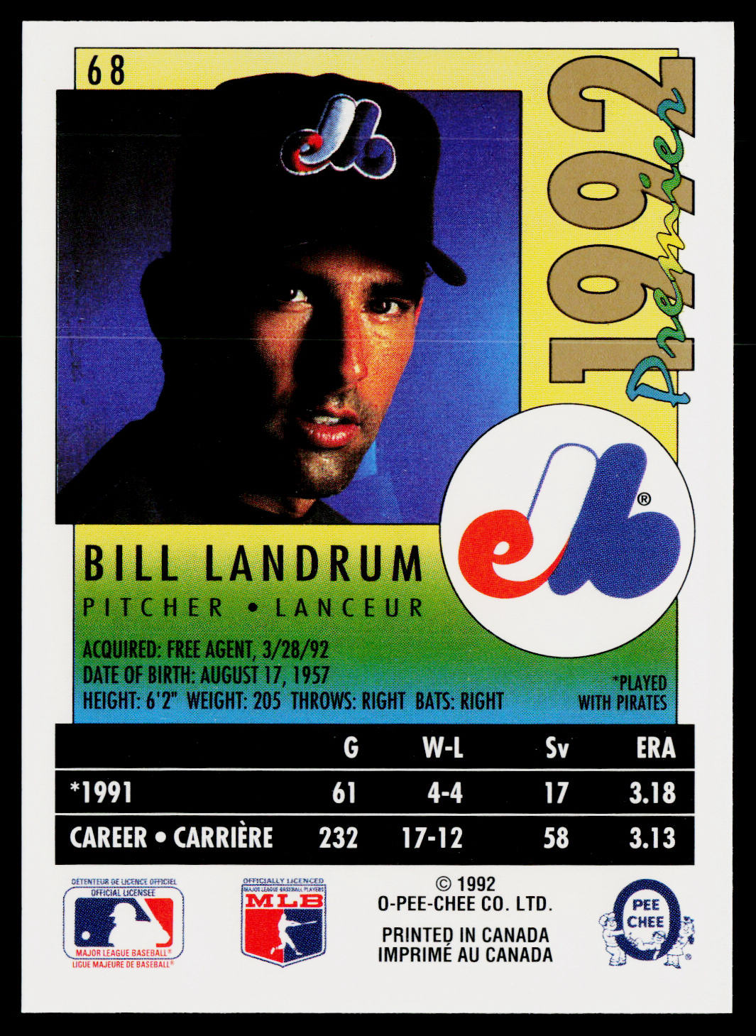 Bill Landrum 1992 O-Pee-Chee Premier #68 Montreal Expos