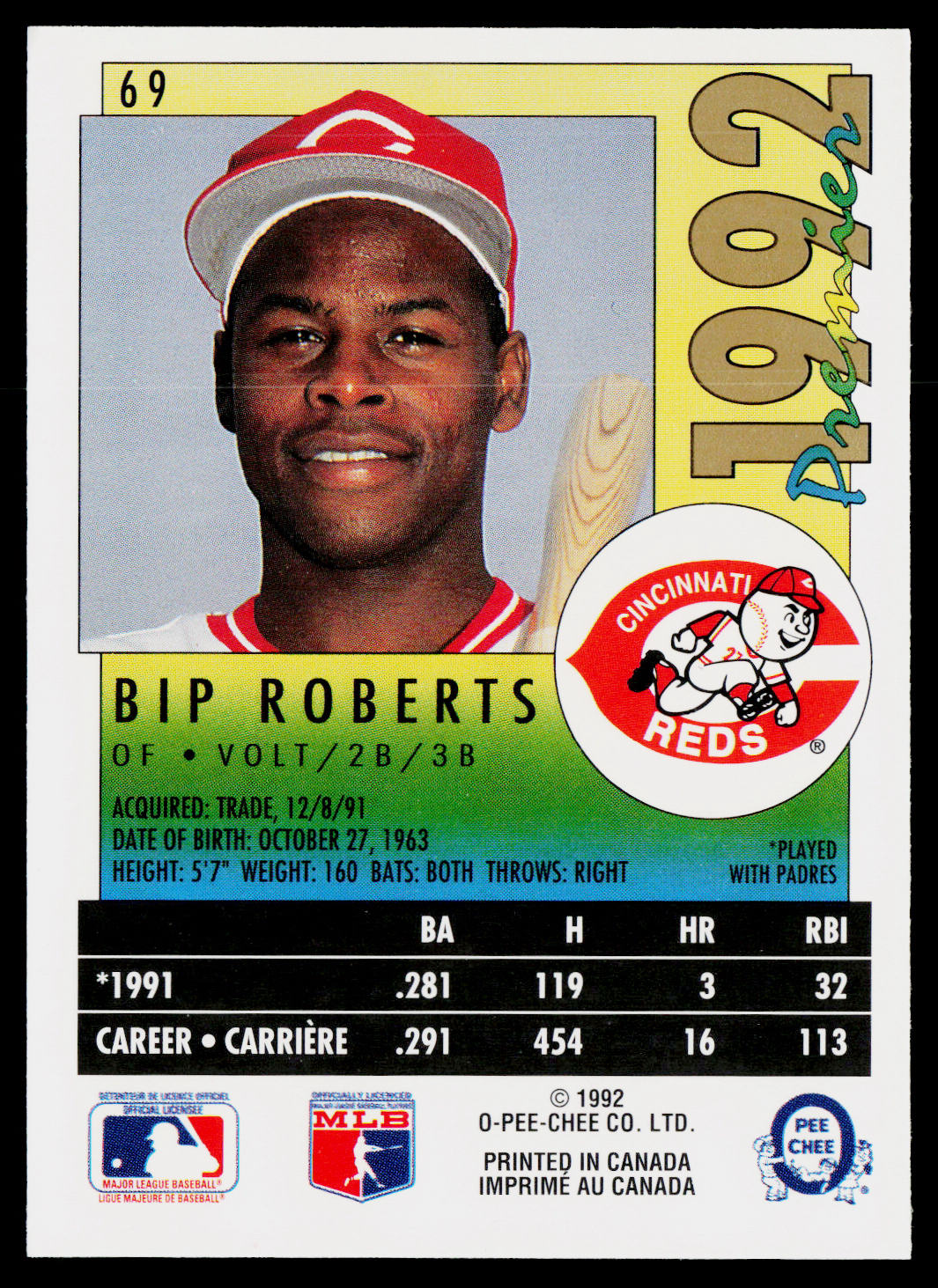 Bip Roberts 1992 O-Pee-Chee Premier #69 Cincinnati Reds