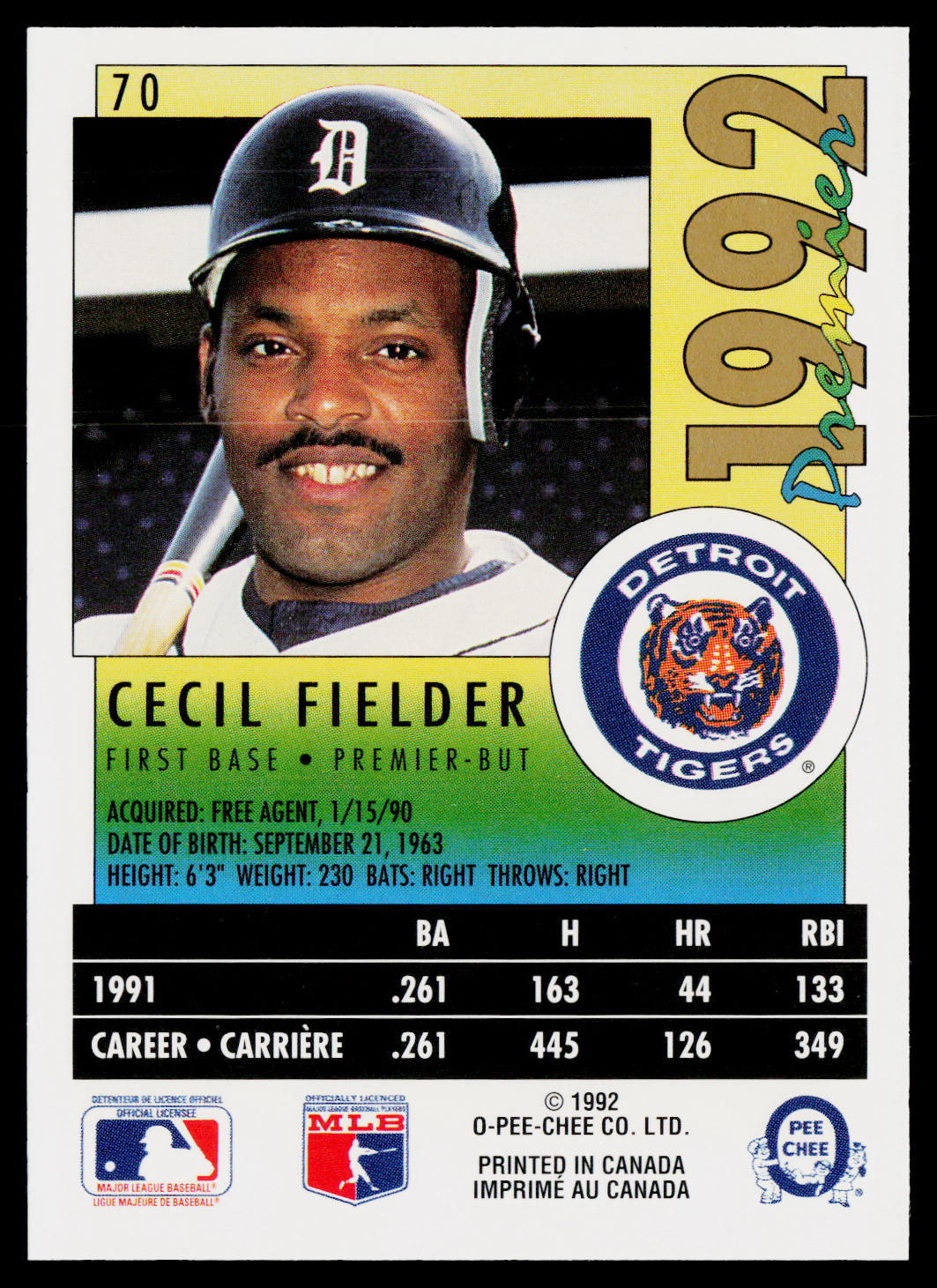 Cecil Fielder 1992 O-Pee-Chee Premier #70 Detroit Tigers